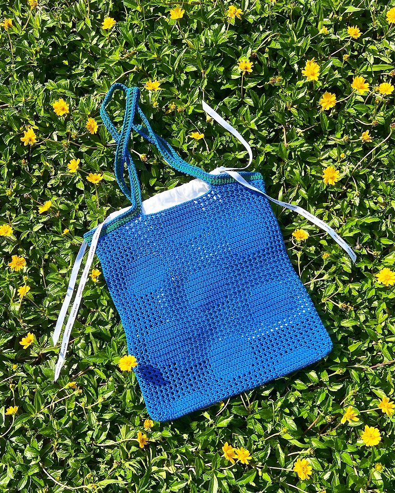 夏日棉质波点通花鈎织环保袋 - 侧背包/斜挎包 - 棉．麻 蓝色
