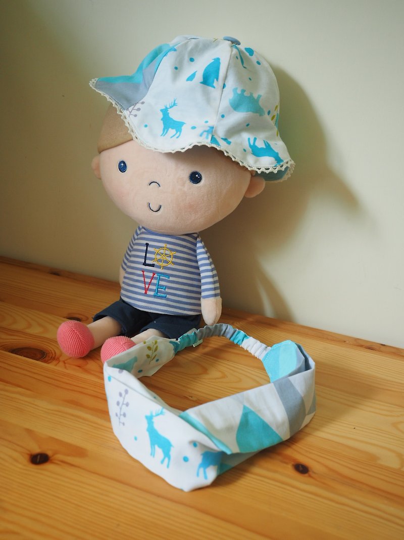 手作北欧简约风蓝色北极动物图案婴儿/小童帽子及发带套装 - 满月礼盒 - 棉．麻 蓝色