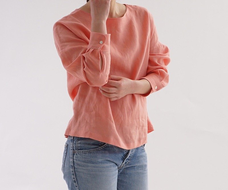 リトアニアリネン カフスシャツ袖のドロップショルダー トップス/ヴェスタ t002a-vet1 - 女装上衣 - 棉．麻 粉红色