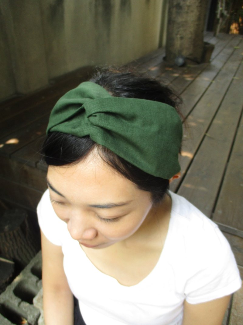 交叉发带(松紧手工)-素深绿 - 发饰 - 棉．麻 绿色