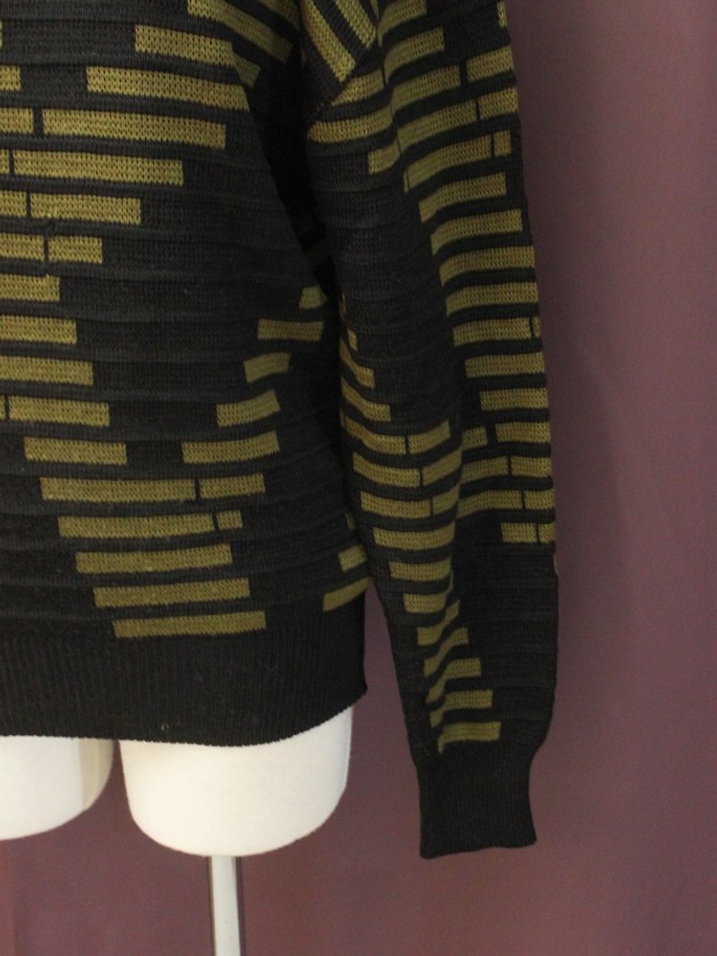 复古日本制中性款黑黄几何格纹拼接黑色羊毛古着针织毛衣 - 女装针织衫/毛衣 - 羊毛 黑色