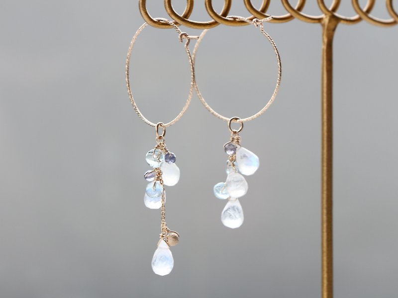 14kgf-rainbow moonstone glitter hoop pierced earrings(can change to clip-on) - 耳环/耳夹 - 宝石 透明