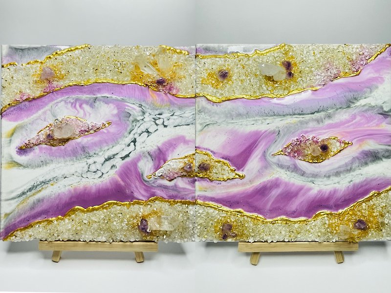 微薰艺术 紫粉云河对画水晶挂画 白水晶柱、白水晶、紫水晶原矿 - 墙贴/壁贴 - 树脂 紫色