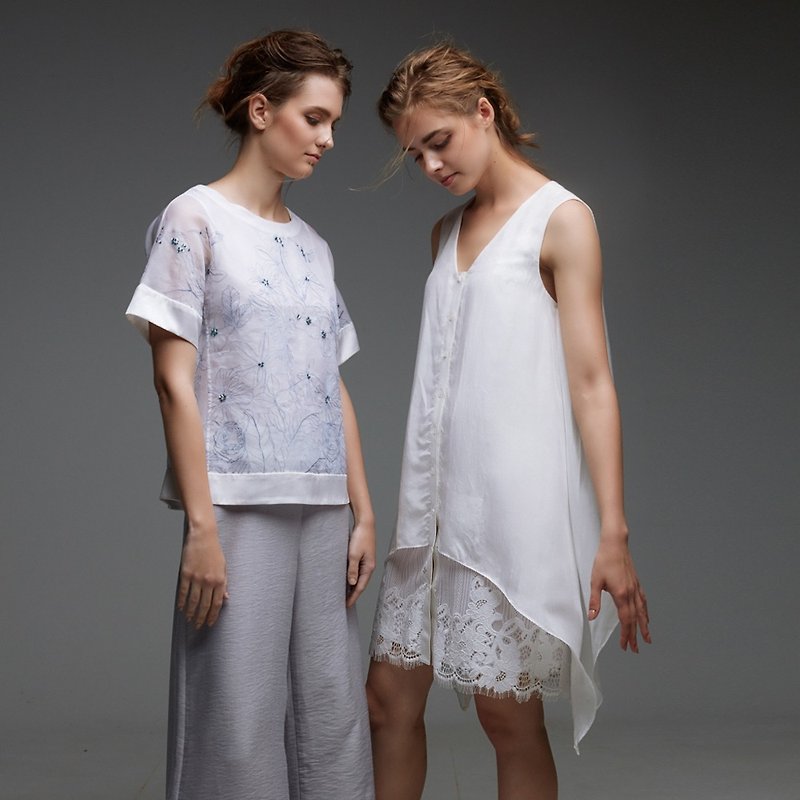 轻透蕾丝无袖洋装(右) - 洋装/连衣裙 - 其他材质 白色