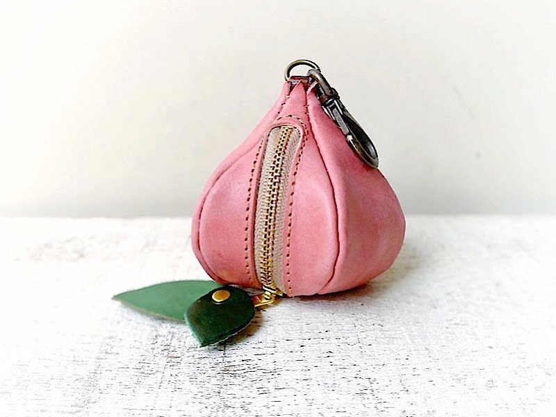 桃のワックスレザーミニポーチ - 化妆包/杂物包 - 真皮 粉红色