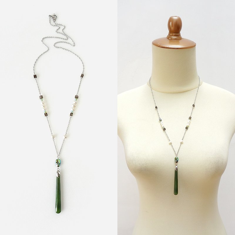 长形绿玉(和田玉)坠子+珍珠+茶水晶 长项链 - 长链 - 玉石 绿色