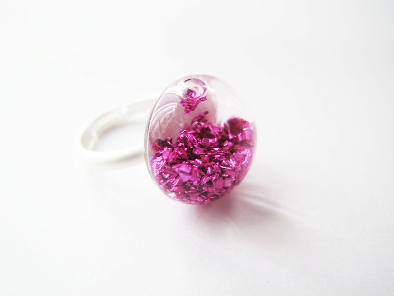 ＊Rosy Garden＊粉红星球砂砾矿石碎片水流动半圆玻璃戒指 - 戒指 - 玻璃 粉红色