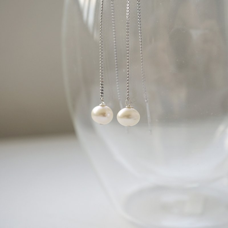 天然淡水珍珠耳线 - 925纯银 - 耳环/耳夹 - 宝石 银色