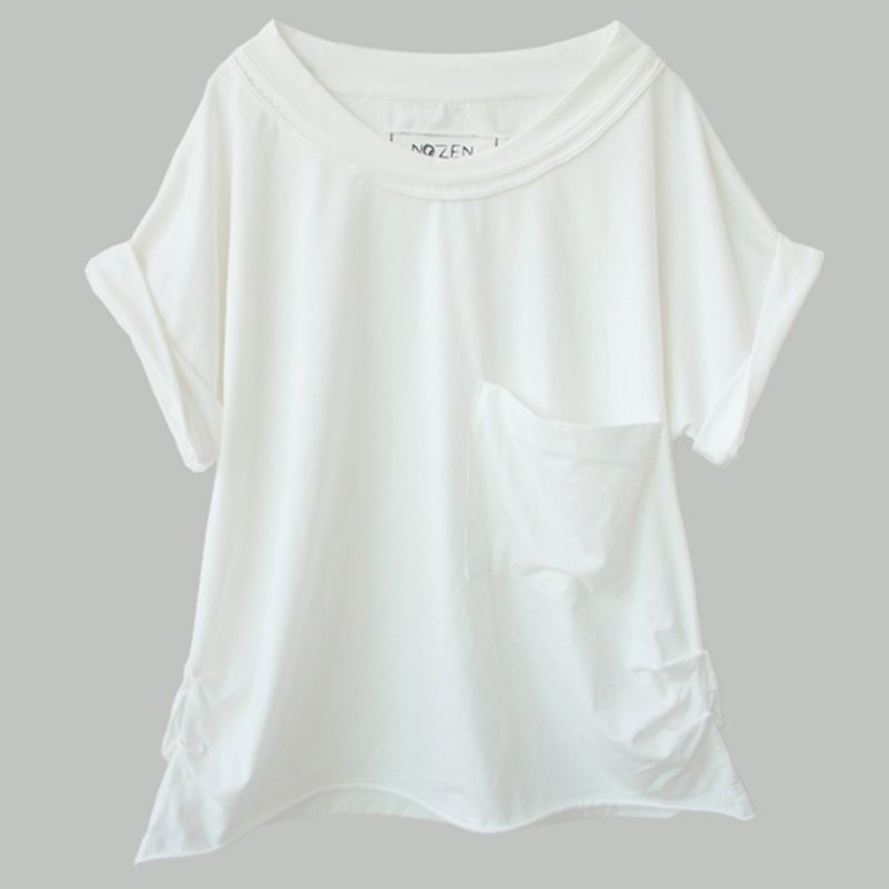 白色贴兜自然卷边T恤  - 女装 T 恤 - 棉．麻 白色