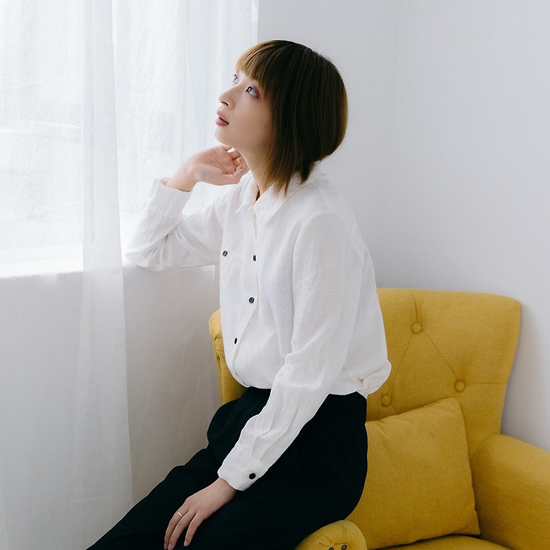 白色翻领长袖衬衫|衬衫|秋款|棉麻混纺|独立品牌|Sora-180 - 女装衬衫 - 棉．麻 白色