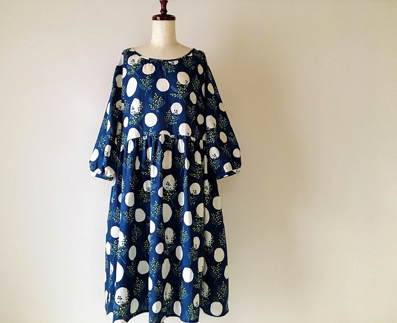 ミモザのラグランワンピース　ダブルガーゼ　ネイビー - 洋装/连衣裙 - 棉．麻 蓝色
