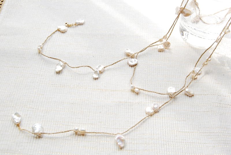 ケシパールのラリエット　ゴールドxホワイト（ロングネックレスにもなります） - 长链 - 宝石 白色