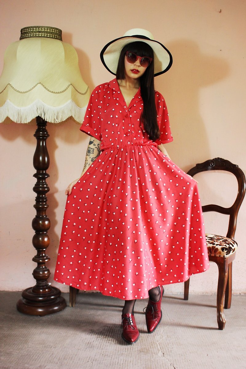 (Vintage)红色小碎花大波浪裙摆古着洋装(婚礼/野餐/派对) - 洋装/连衣裙 - 其他人造纤维 红色