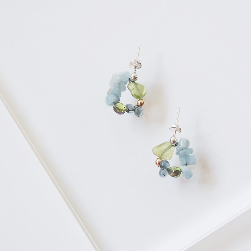 四季之色 夏色 橄榄石 海蓝宝 天然石水晶拼配纯银耳针耳环 - 耳环/耳夹 - 水晶 绿色