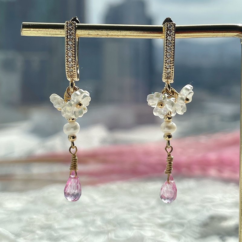 14K包金 天然粉托帕石 水滴 淡水珍珠 11月诞生石 耳环 - 耳环/耳夹 - 半宝石 粉红色