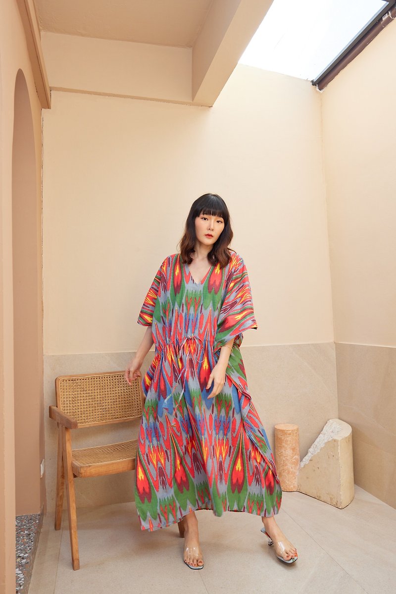 Freesize Cotton Indian Ikat Print Dress Unisex Summer Adjustable String Gown - 女装上衣 - 棉．麻 红色