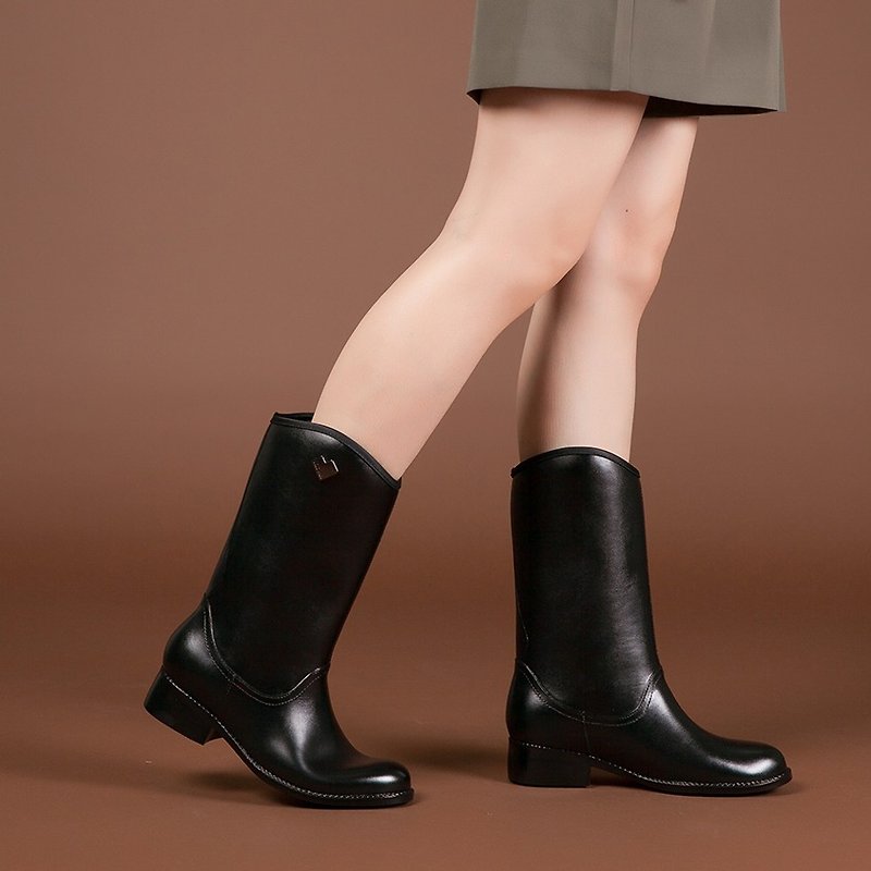 零码-【城市漫游】U口修饰型皮感中筒雨靴-质感黑(建议小半号) - 雨鞋/雨靴 - 防水材质 黑色