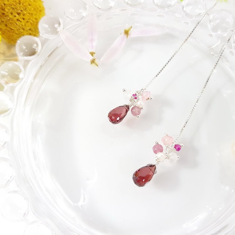 优雅小妞系列-红莓石榴石纯银耳链 Garnet  1月诞生石   - 耳环/耳夹 - 宝石 红色