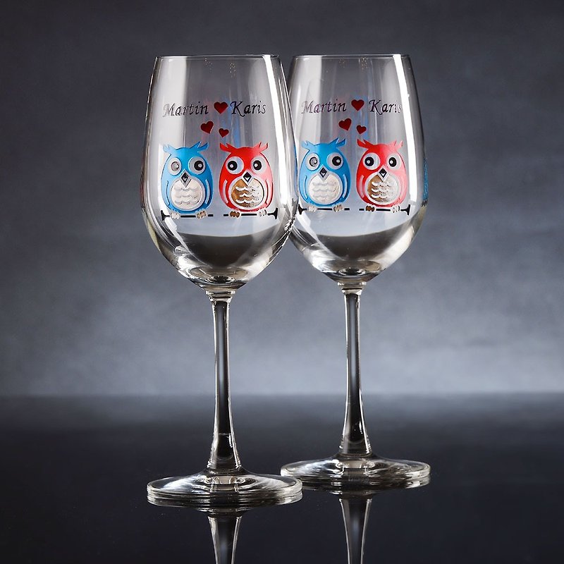 无铅水晶玻璃红酒杯刻字礼品组 | 结婚礼物,周年礼物 | 猫头鹰 - 酒杯/酒器 - 玻璃 多色