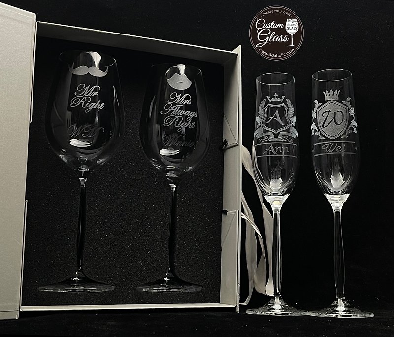 定制化水晶杯杯身雕刻一对Deluxe Pack–结婚,退休,生日,升职礼物 - 其他 - 玻璃 透明