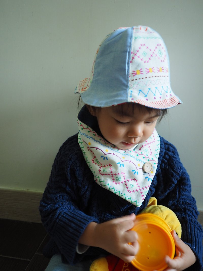 手作双面粉蓝彩色图案/ 彩色水滴图案婴儿小孩帽子及围巾套装 - 满月礼盒 - 棉．麻 多色