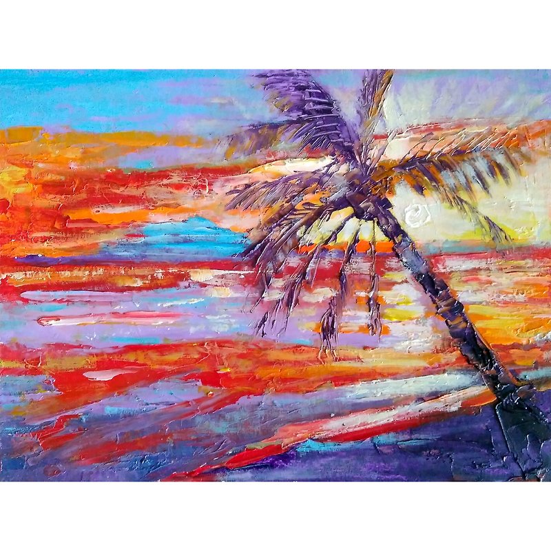 Sea Sunset Original Painting, Palm Tree Wall Art, Seascape Beach Artwork, 手工油畫 - 海报/装饰画/版画 - 其他材质 多色