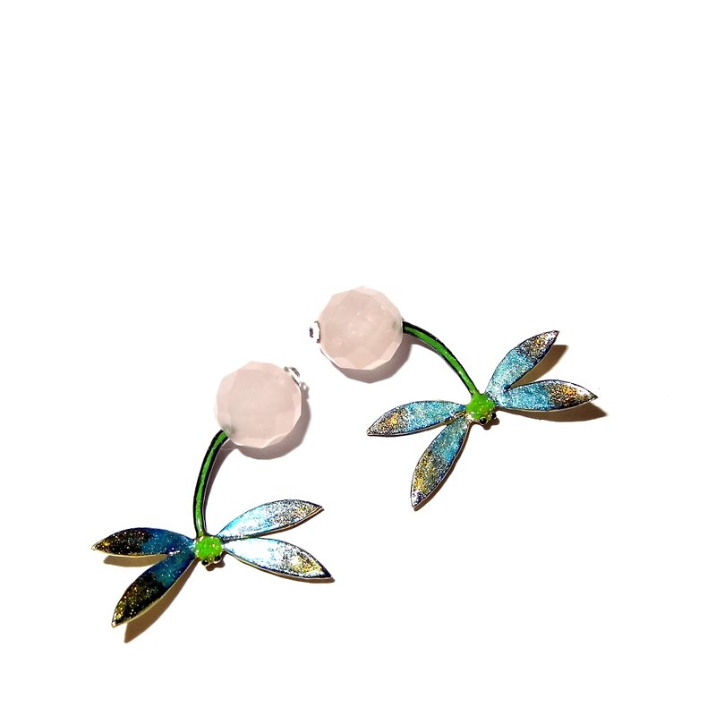 珐琅系列 珐琅蜻蜓粉晶耳环 手工珠宝饰品 预购 - 耳环/耳夹 - 宝石 绿色