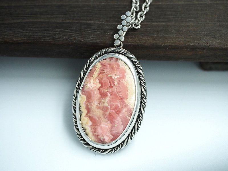 天然菱锰矿坠子 大颗 红纹石 Rhodochrosite Necklace - 项链 - 宝石 粉红色