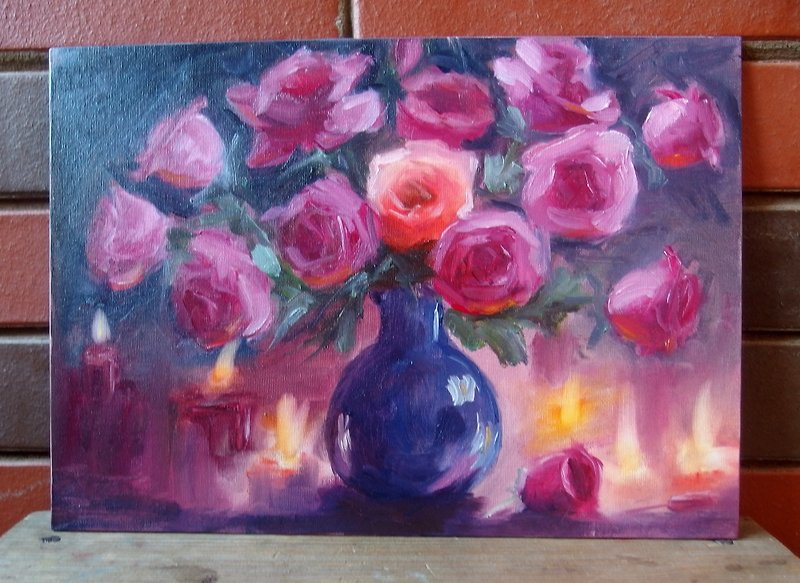 玫瑰和燃烧的蜡烛火焰原创手工油画静物 - 墙贴/壁贴 - 其他材质 红色