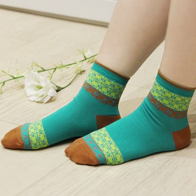 印花乐厚短袜/旧花砖1号/民族蓝绿 - 袜子 - 棉．麻 