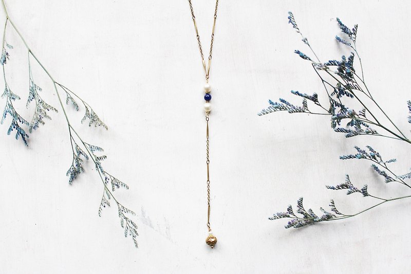 9月诞生石-Lapis lazuli不规则青金石珍珠设计款Y字长项链 - 项链 - 宝石 蓝色