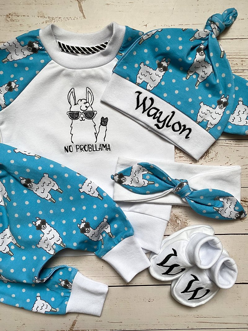 Llama baby outfit animal matching set newborn shirt moon gift set - 满月礼盒 - 棉．麻 蓝色