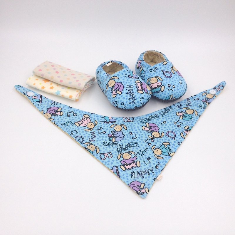 小兔乐团-弥月礼盒(学步鞋/宝宝鞋/婴儿鞋+2手帕+领巾) - 满月礼盒 - 棉．麻 蓝色
