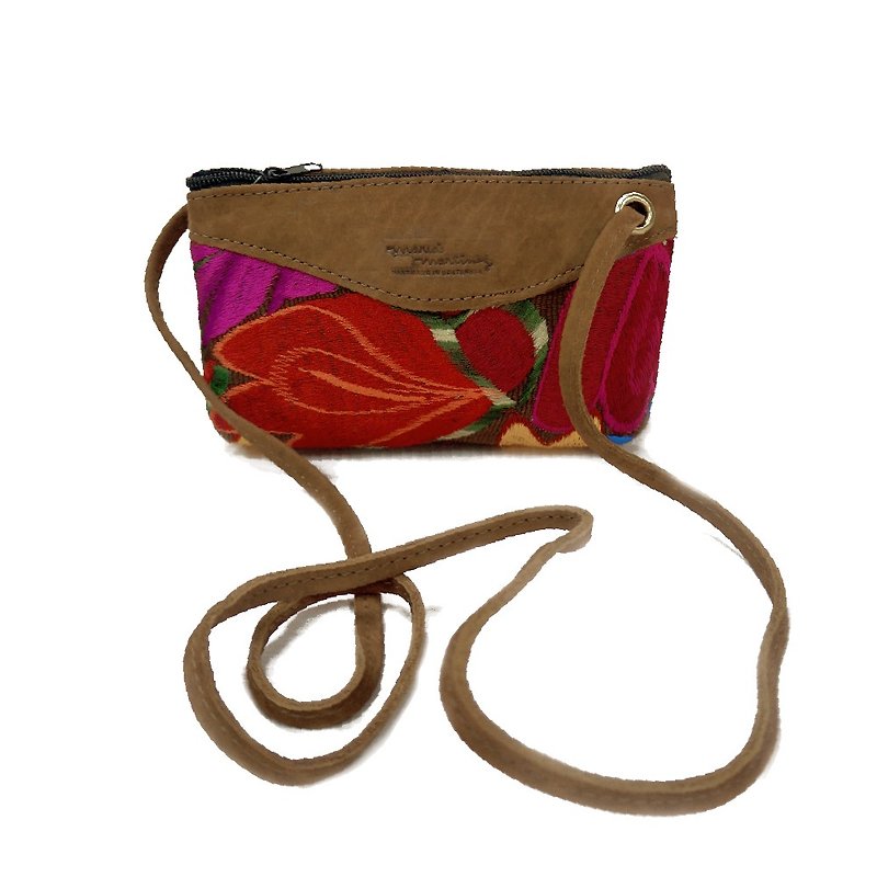皮革及玛雅手工刺绣斜背包/LEATHER & EMBROIDERY CROSSBODY BAG - 皮夹/钱包 - 真皮 多色