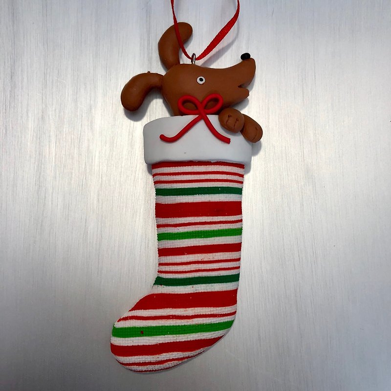 圣诞袜狗狗吊饰 - 摆饰 - 陶 咖啡色
