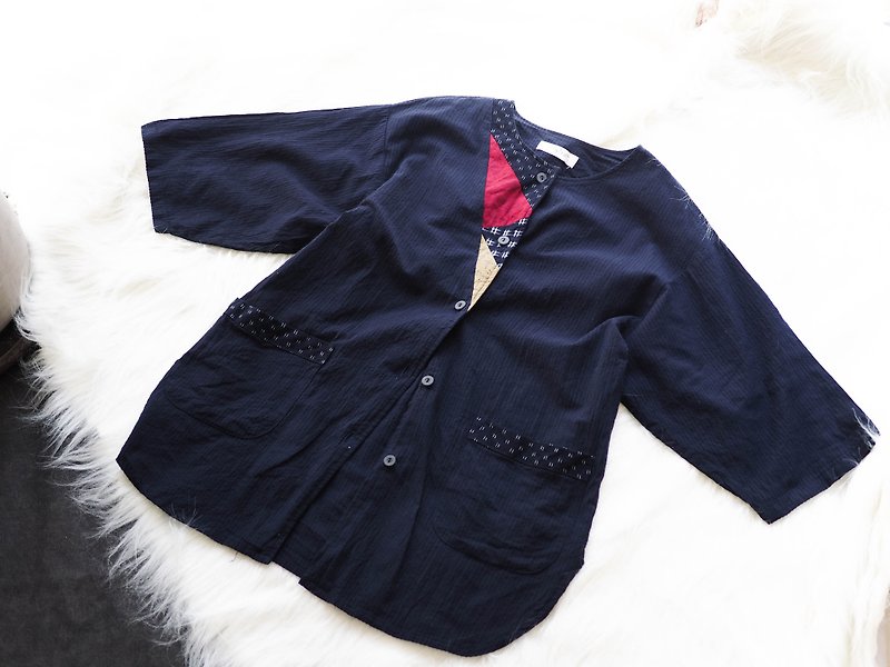 河水山 - 东京深黑蓝禅意日和文艺少女 古董棉质衬衫上衣外套 - 女装衬衫 - 棉．麻 蓝色