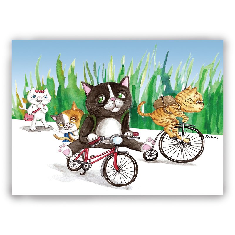 手绘插画万用卡/明信片/卡片/插画卡--小猫骑车上学 - 卡片/明信片 - 纸 