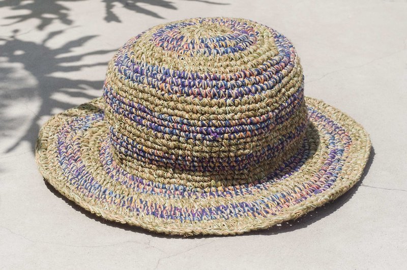 手工编织棉麻帽 编织帽 渔夫帽 遮阳帽 草帽-芥末渐层彩虹花园 - 帽子 - 棉．麻 多色