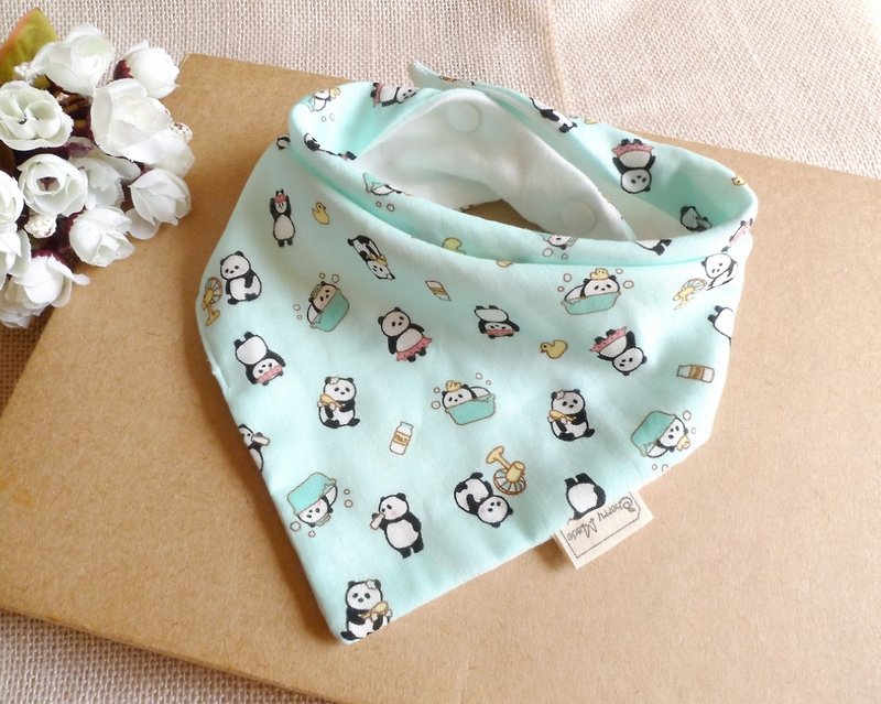三角口水巾-洗澡小猫熊(湖水绿) - 围嘴/口水巾 - 棉．麻 绿色