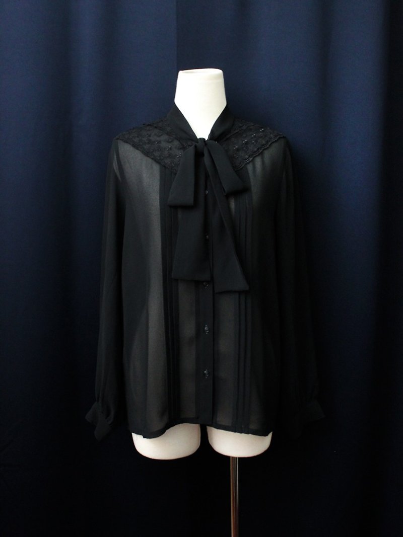【RE0201T1740】复古领结拼接蕾丝花朵黑色古着衬衫 - 女装衬衫 - 聚酯纤维 黑色