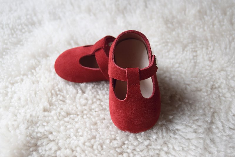 红色玛莉珍婴儿鞋 弥月礼物 手作学步鞋 女宝宝礼物 满月礼 - 婴儿鞋 - 真皮 红色
