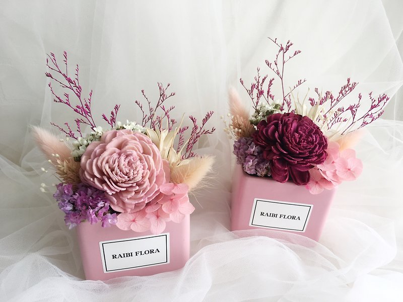 粉红太阳玫瑰陶瓷盆花 永生花 / 干燥花 - 摆饰 - 植物．花 