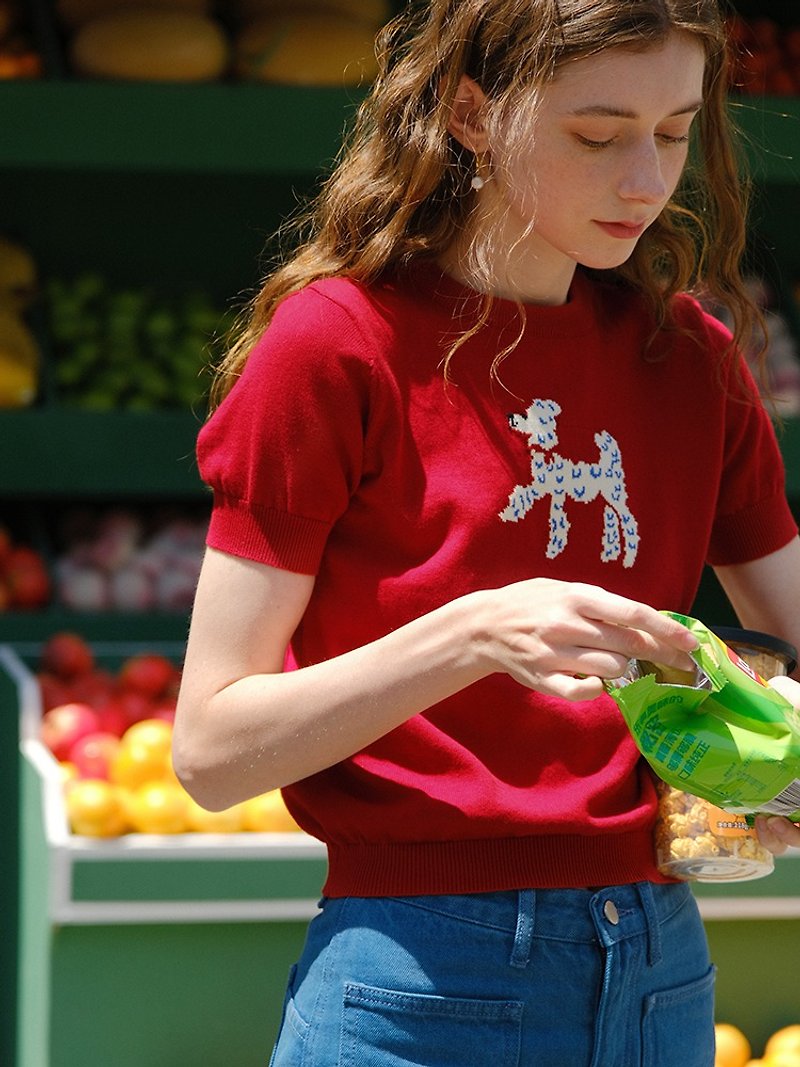 MintCheese 夏 法式少女 手绘贵宾犬棉针织短袖Tee 法国红/松石蓝 - 女装 T 恤 - 棉．麻 红色