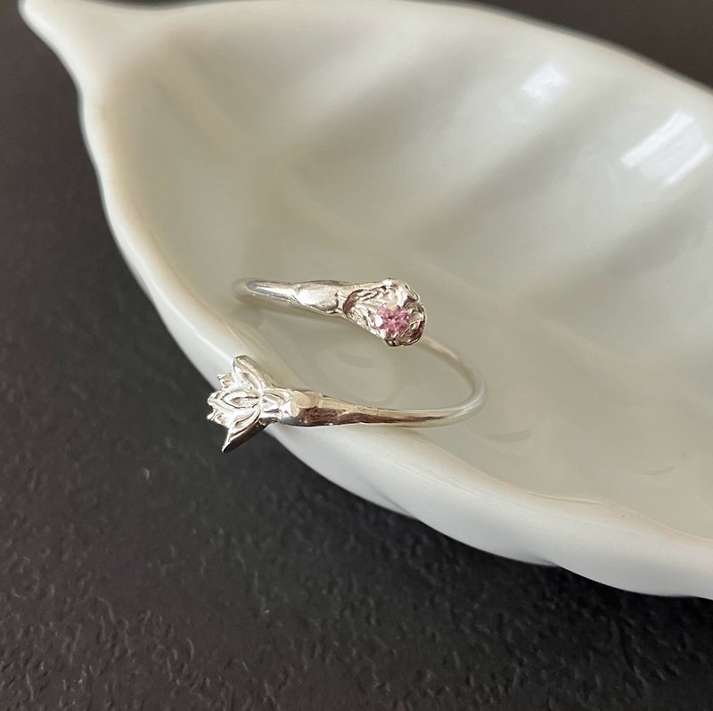SV/ジルコニア　Lotus 蓮の花 フリーサイズリング - 戒指 - 纯银 银色