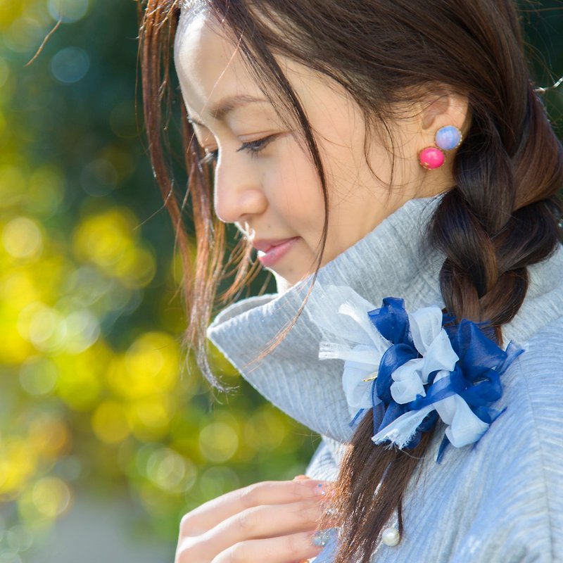 mini || マリン || 咲き編みバレッタ/クリップ - 发饰 - 聚酯纤维 蓝色