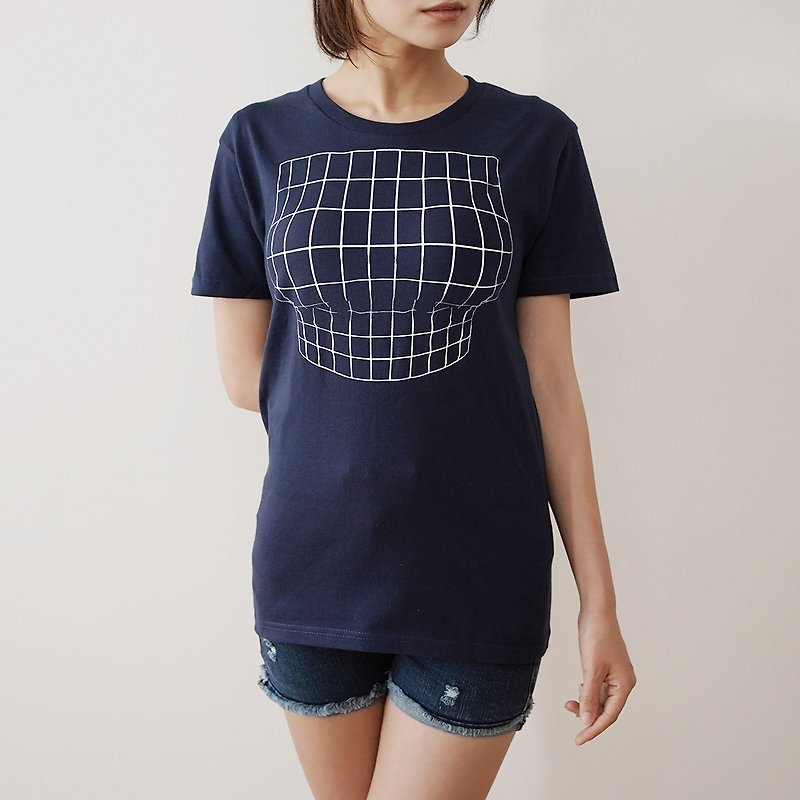 Mousou Mapping T-shirt/ Illusion grid/ Night blue - 女装 T 恤 - 棉．麻 蓝色