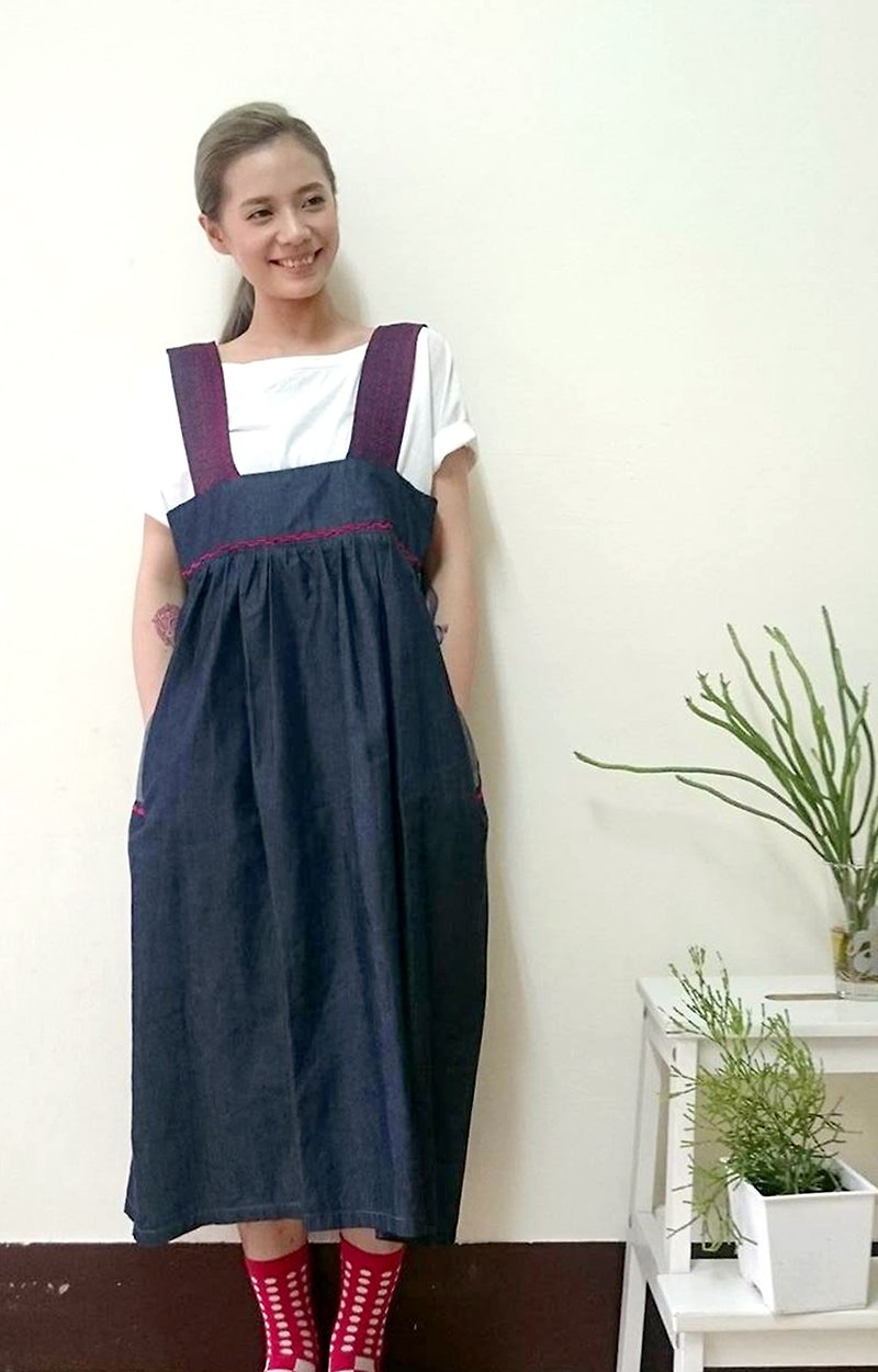 一片式 刺绣宽带 背心洋装(精梳棉单宁系列) - 洋装/连衣裙 - 棉．麻 蓝色