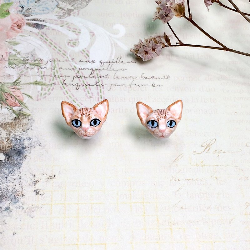 Sphynx cat earrings, Cat stud earrings, tiny cat earrings, cat lover gifts - 耳环/耳夹 - 粘土 咖啡色