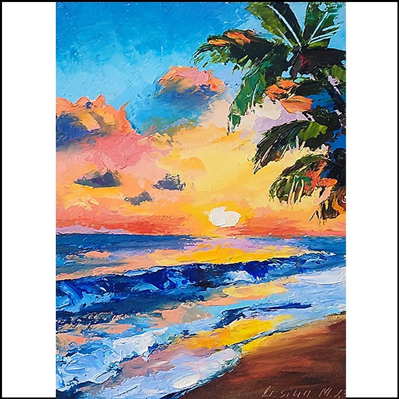 棕榈树油画日落小艺术海洋艺术品夏威夷绘画棕榈艺术 - 墙贴/壁贴 - 其他材质 橘色