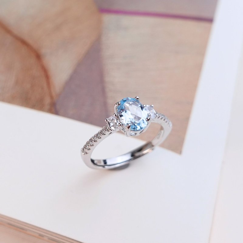 1克拉 天然托帕石 瑞士蓝 湛蓝光泽 天然宝石 纯银戒 礼物 热销 - 戒指 - 纯银 蓝色